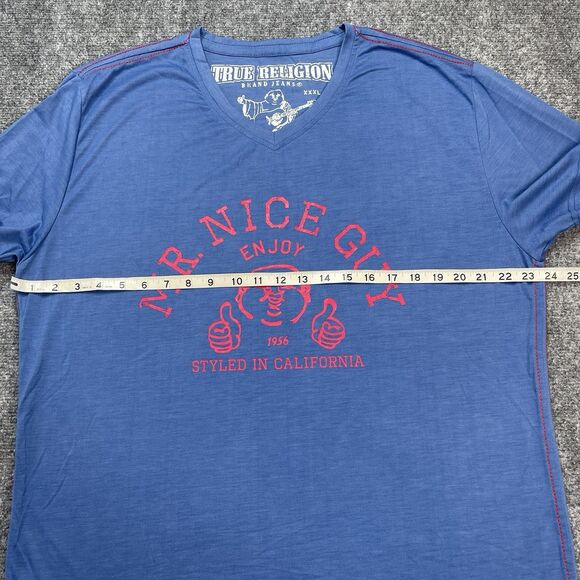 True Religion T Shirt Adult Size XXXL 3XL Mr Nice Guy Logo Blue V Neck - Picture 7 of 10